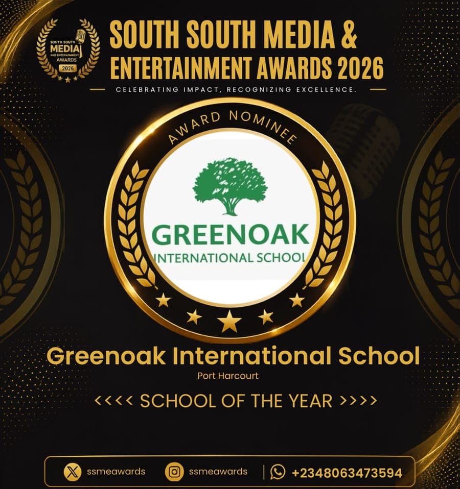 Official SSMEA 2026 nominee flier for Greenoak International School, Port Harcourt